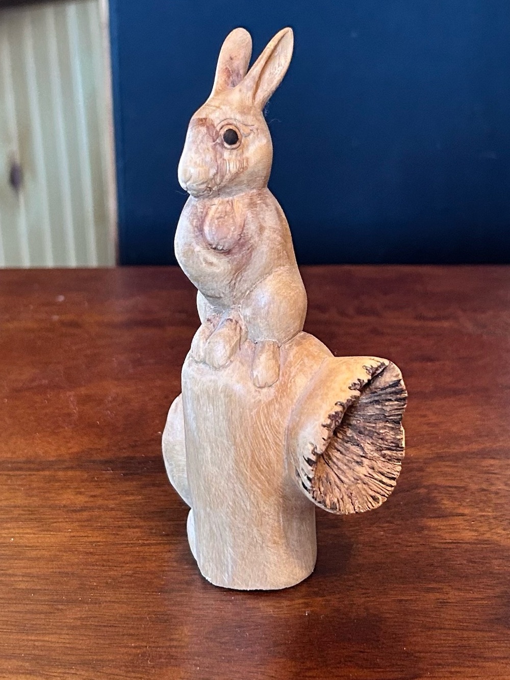 Hand-Carved Bunny Rabbit on Stump Figurine - Natural Wood